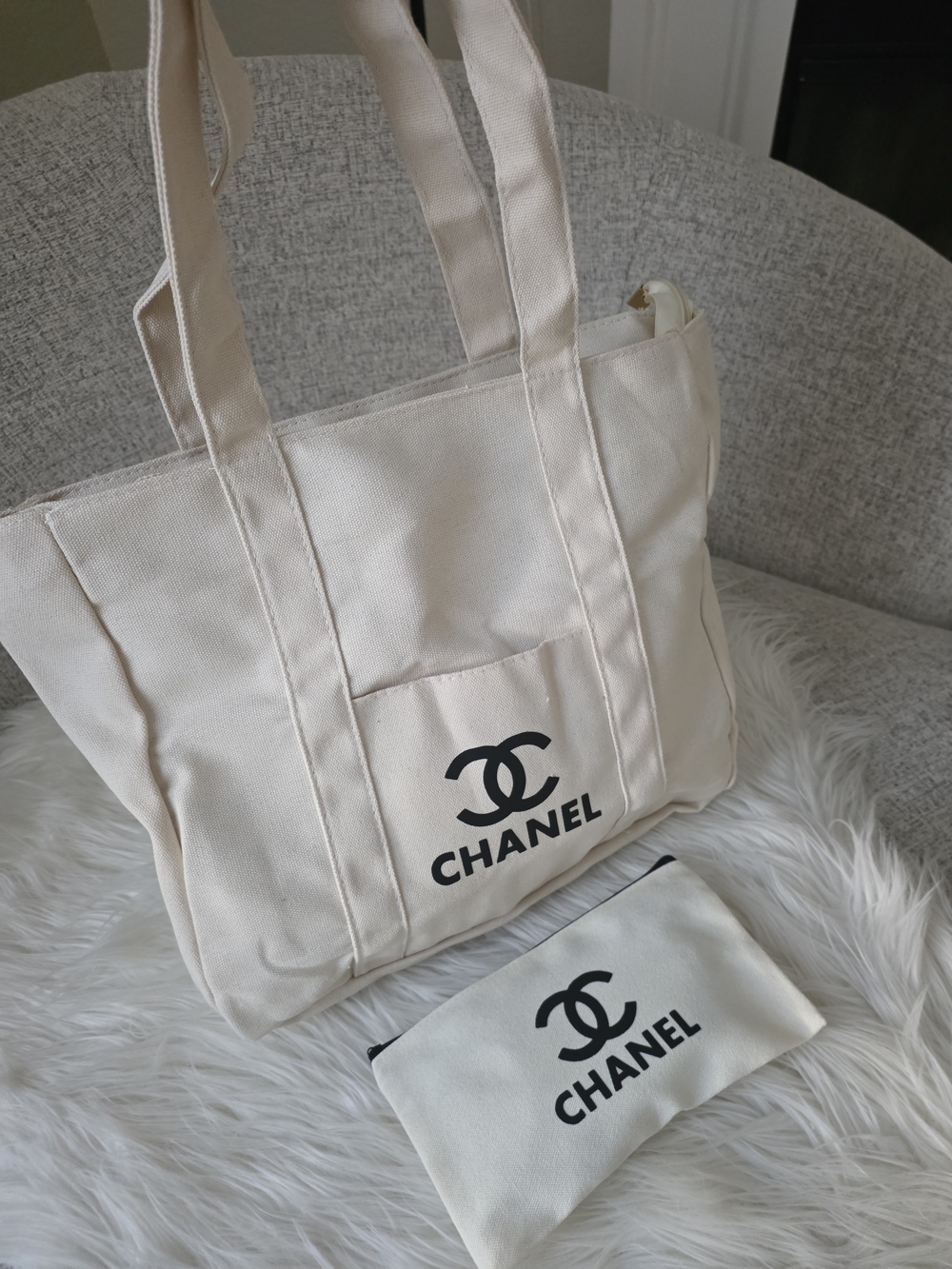 Cream Canvas Tote Bag with Pouch